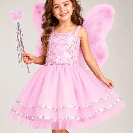 Fantasia Infantil Feminina Fada Vestido Kit 4pçs Criança Rosa-claro