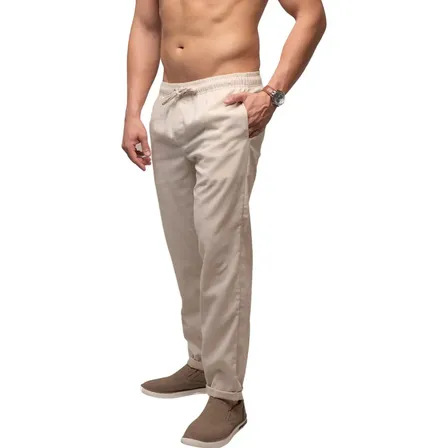 Calça De Linho Leve Bege Masculina Praia Cordão Ajustável