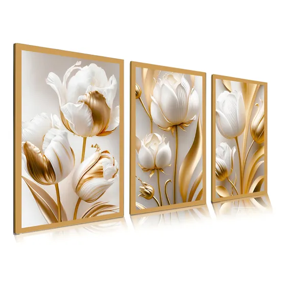 Quadro Decorativo 50x30 Flores Tulipas Brancas Douradas Sala