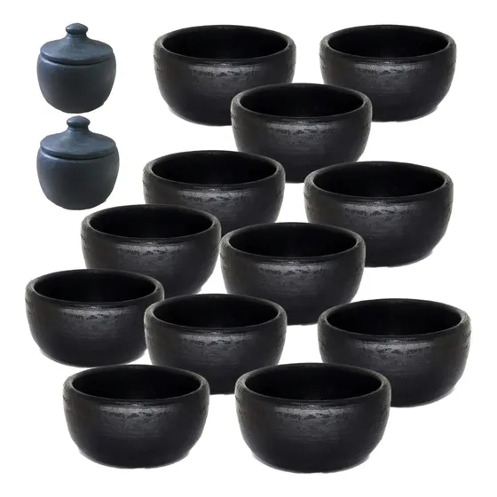 Kit Com 12 Cumbucas De Barro Capixaba E 2 Mini Pimenteira Preto