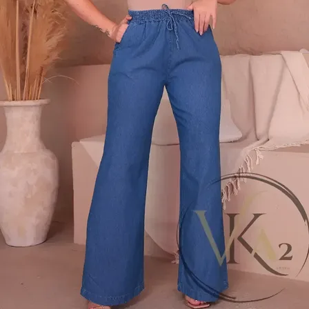 Calça Jeans Feminina Pantalona C Elástico E Bolso Wide Leg Azul Liso G