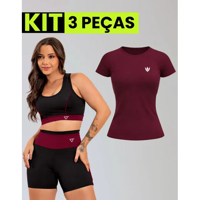 Kit Conjunto Fitness Feminino + Camiseta Roupa Academia Vermelho Liso M