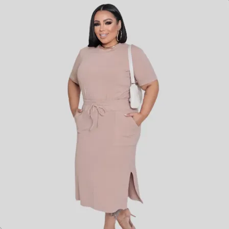 Conjunto Feminino Plus Size Moletinho Cropped Saia Midi Bege G2