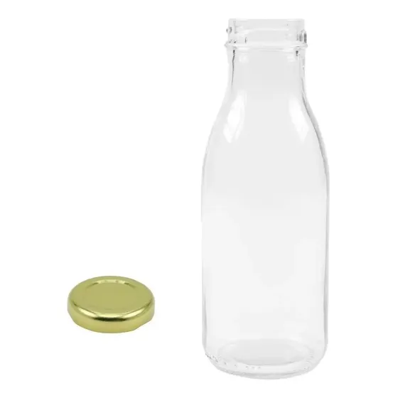 12 Garrafas Vidro Vintage Para Suco 300ml Com Tampa Dourada Dourado