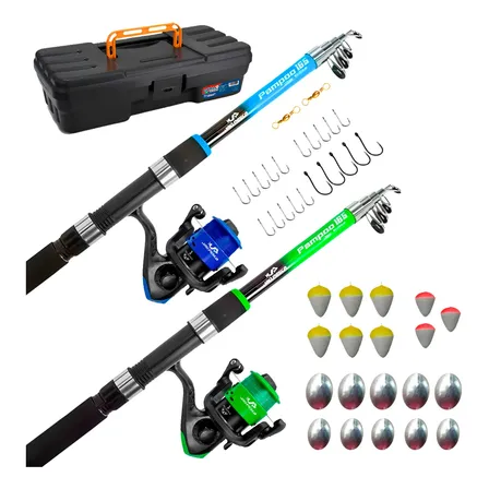 2 Kit Pesca Completo 2 Varas 10kg + 2 Molinetes Jp250 1-rol Verde/azul