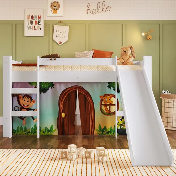 Cama Infantil Elevada Com Escorregador Branco Com Cortina Wt Branco