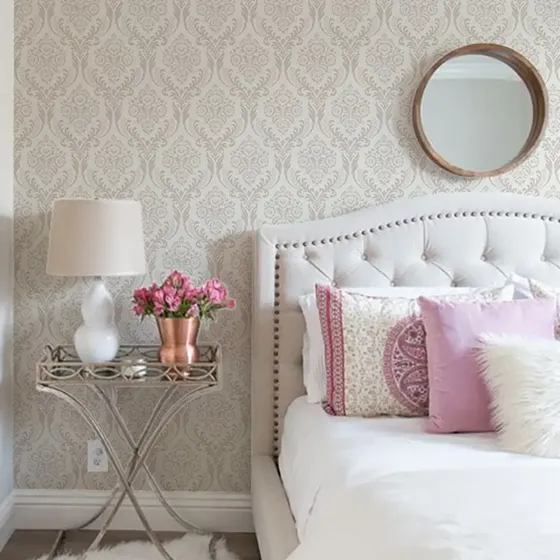 Papel De Parede Adesivo Arabesco Creme E Branco Damask Rolo Nude