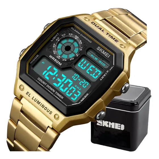 Relógio Masculino Skmei 1335 Digital Retrô Quadrado Dourado