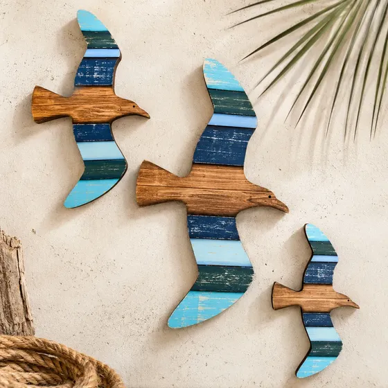 Decoração De Praia - Kit 3 Pássaros Em Madeira Náutico Decor