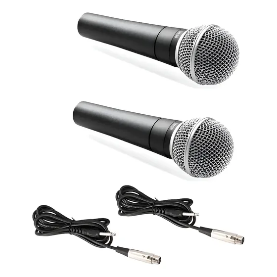 Kit 2 Microfones C Fio Dinâmico Profissional Metal 5mts Sm58 Preto