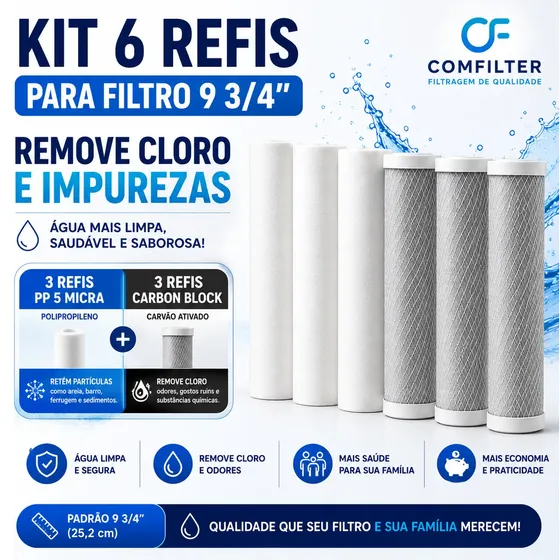 Kit Refil Filtro 9 3/4 3 Carbon Block + 3 Polipropileno Liso