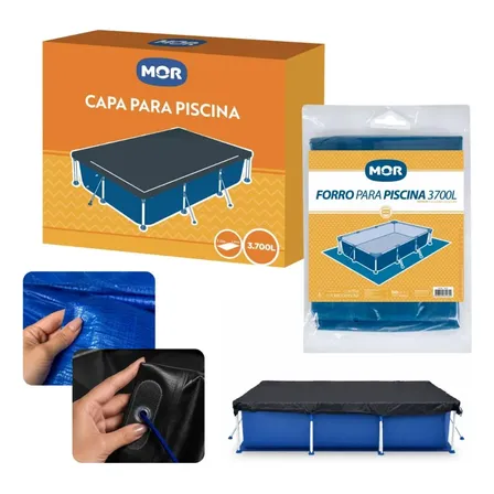 Kit Capa + Forro Para Piscina 3700 Litros Capa Preta, Forro Azul