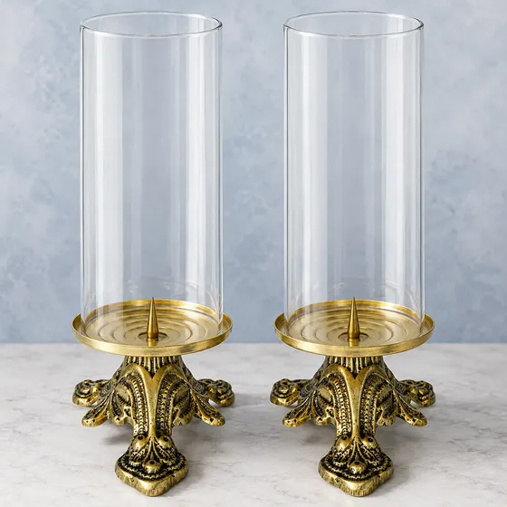 Kit 2 Castiçal Com Donzela Tubo De Vidro Dourado Envelhecido