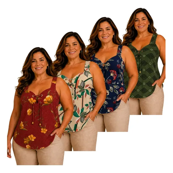 Kit 4 Regata Feminina Senhoras Liganete Malha Fria Estampada
