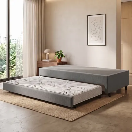 Bicama Box Solteiro Linho Cinza 88x188 Com Colchão Auxiliar