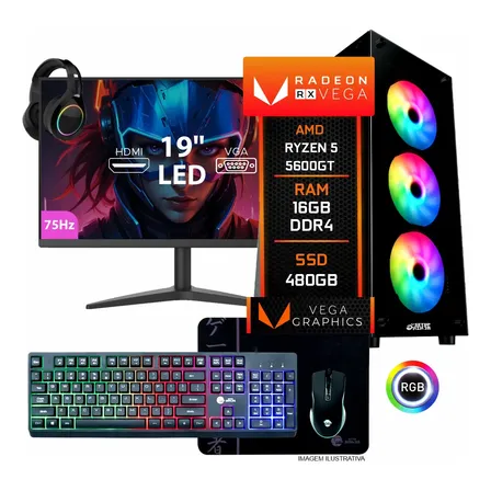 Pc Gamer Completo Ryzen 5 5600gt, 16gb Ddr4, Ssd 480gb Vega7 480 Gb 16 Gb Radeon Vega 7