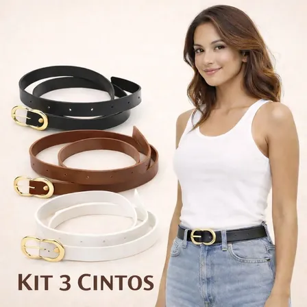 Kit 3 Cintos Femininos Fino Moda Social Elegante Casual Preto/caramelo/branco Adulto