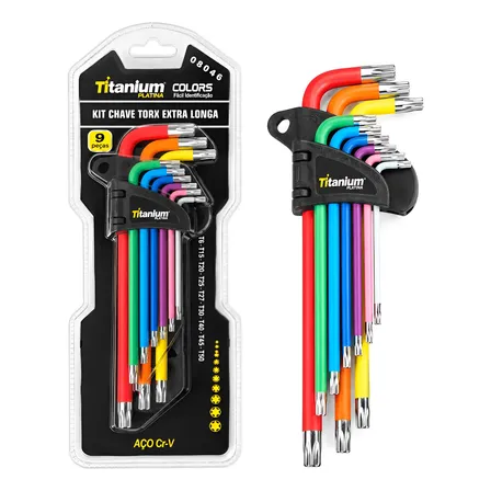 Jogo Chaves Torx Extra Longas 9pçs Crv Titanium Platina Colorido