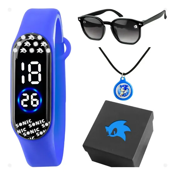 Relogio Infantil Digital Sonic + Oculos Sol + Colar + Caixa