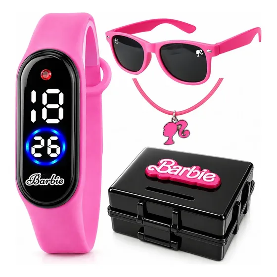 Relogio Infantil Led Barbie + Oculos Sol + Colar + Caixa