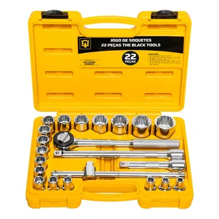 Jogo Soquete Estriado 1/2'' 22 Peças Aço Cromo Vanádio Amarelo