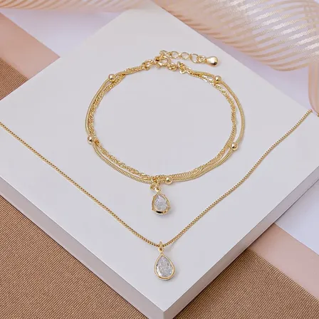 Mix Colar E Pulseira Zircônia Gota Folheado A Ouro Dourado