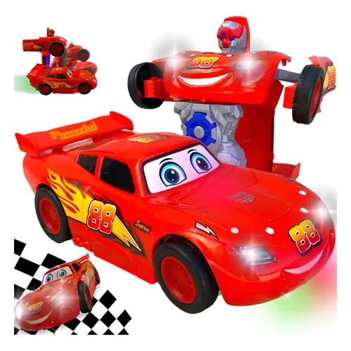 Carro Vira Robo Som Luzes Relâmpago Mcqueen Carrinho Maluco Vermelho