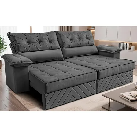 Sofá Retrátil 2,10m Molas E Espuma D33 Thunder. Cama Inbox Cinza Liso