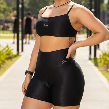 Conjunto Esportivo Feminino Diasp Academia Canelado Brilho Preto Microcanelado M