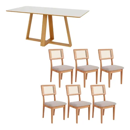 Conjunto Jantar Mesa 180cm E 6 Cadeiras Com Tela Ca35 Bege Rústico