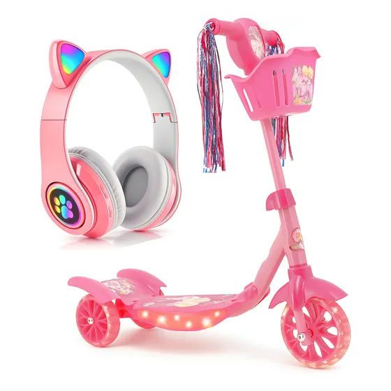 Patinete Princesa Sereia 3 Rodinhas Luz E Som + Fone Gatinho