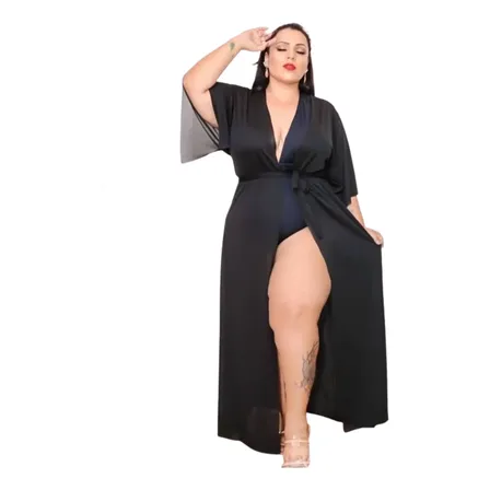 Saída Praia Plus Size Luxo Longa Canga Kimono Tamanho Grande Preto Zar Liso Único 46-52
