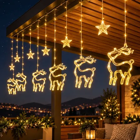 Cascata Renas Com Estrela Led 3m Pisca Pisca Natal 8 Funções Estrele E Rena 127/220v