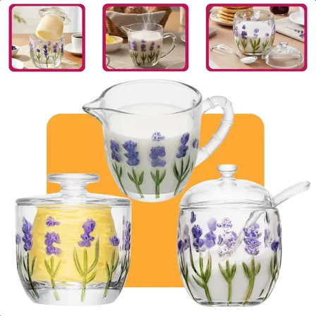 Kit Café Da Manha 3 Peças De Cristal Lavanda Florido Açucareiro De 200ml Com Colher Leiteira 240ml E Manteigueira Francesa Detalhes Pintado À Mão Hand Painting