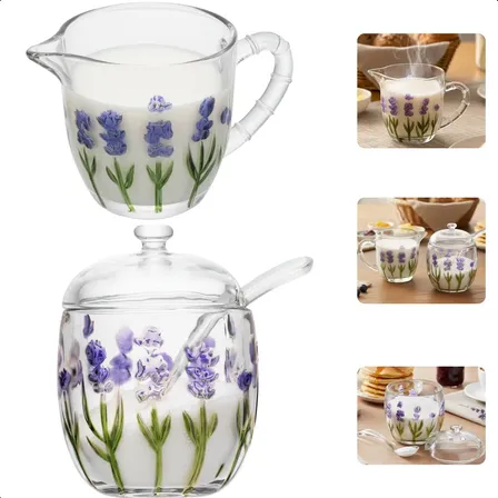 Kit Café Da Manhã 2 Peças De Cristal Florido Mesa Posta Leiteira 240ml E Açucareiro 200ml Com Colher Lavanda Hand Painting Lyor