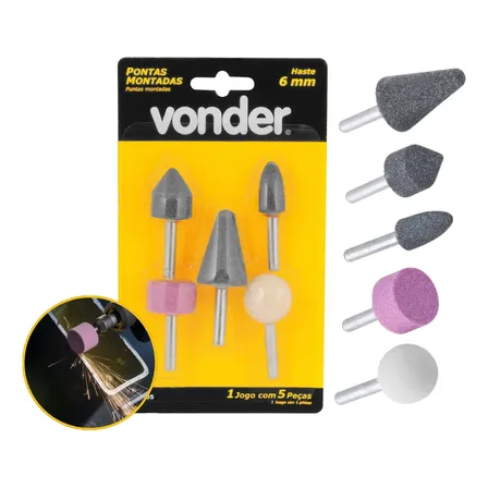 Jogo 5 Pontas Montadas Vonder Haste 6mm Pedra P/ Retificar