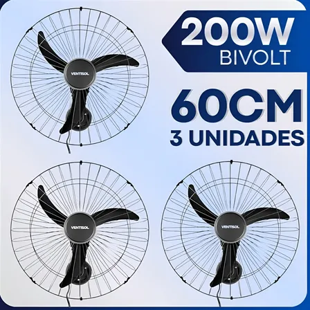 Kit 3 Ventilador Parede Potente Bivolt 200w Industrial Osc 60 Cm 50 Hz / 60 Hz Preto 127/220v Plástico 3