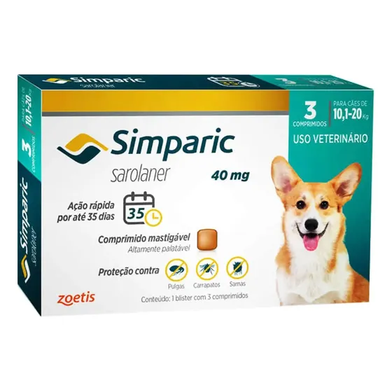 Simparic 40mg Para De Cães 10,1 A 20kg - 3 Comp. - Zoetis