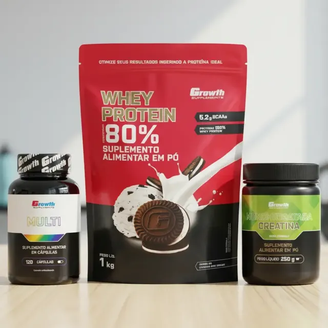 Kit Growth: Whey Protein Cookies And Cream 1kg + Multivitamínico 120 Cáps + Creatina 250g