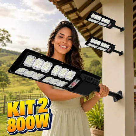 Kit 2 Luminária Solar 800w Holofote Potente Com Sensor Bateria/solar (tensão Específica Não Informada) Preto Branco