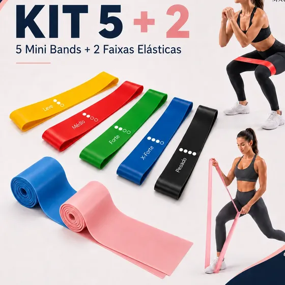 Kit 5+2 Faixa Elástica Super Mini Band Yoga Pilates Academia