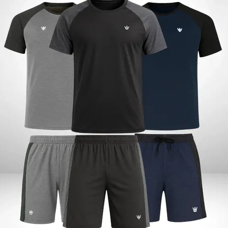 Kit 3 Conjunto Dry Fit Masculino Academia Fitness Lisa Malha Preto Cinza E Azul Gg