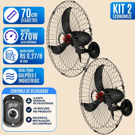 Kit 2 Ventiladores 70cm Bivolt 3 Pás Industrial 270w Goar 50 Cm 60hz Preto 127/220v Plástico 3