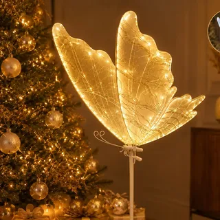 Borboleta Led Dourado Festa Decoração Natal 80cm Suporte Branco Quente