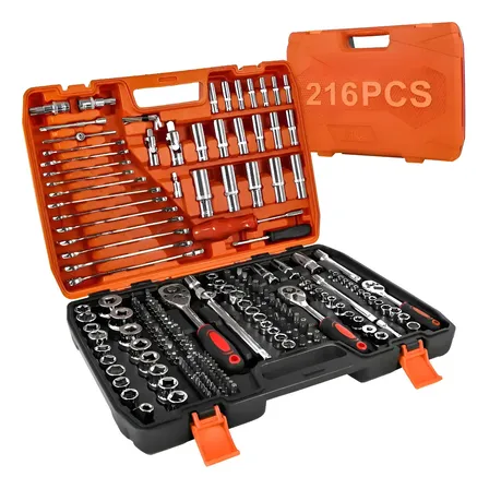 Kit Jogo De Soquete Chave Catraca 216 Pcs Aço Cr-v Vermelho Laranja