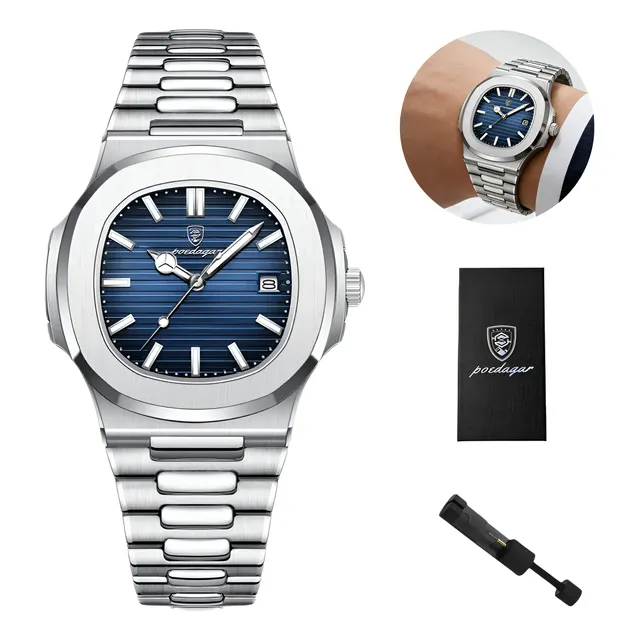 Relógio Masculino De Pulso Poedagar Prateado Luxo Aço Inox Prateado Azul
