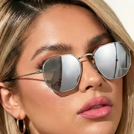 Óculos De Sol Feminino Hexagonal Premium Espelhado Uv400 Mod