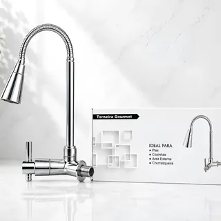 Torneira Gourmet Cromada De Parede 180° Bocal Sino 2 Jatos Prateado Brilhante