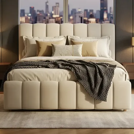 Cama Box Estofada Casal Conforto Premium Tonalidade Neutra Bege Linho Bege