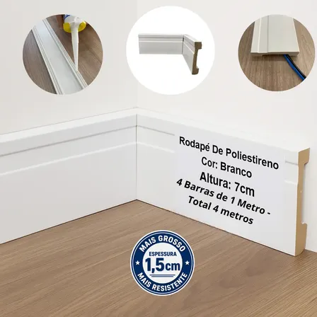 Rodapé De Poliestireno 7cm 4 Metros Kit 4 Barras De 1m Branco